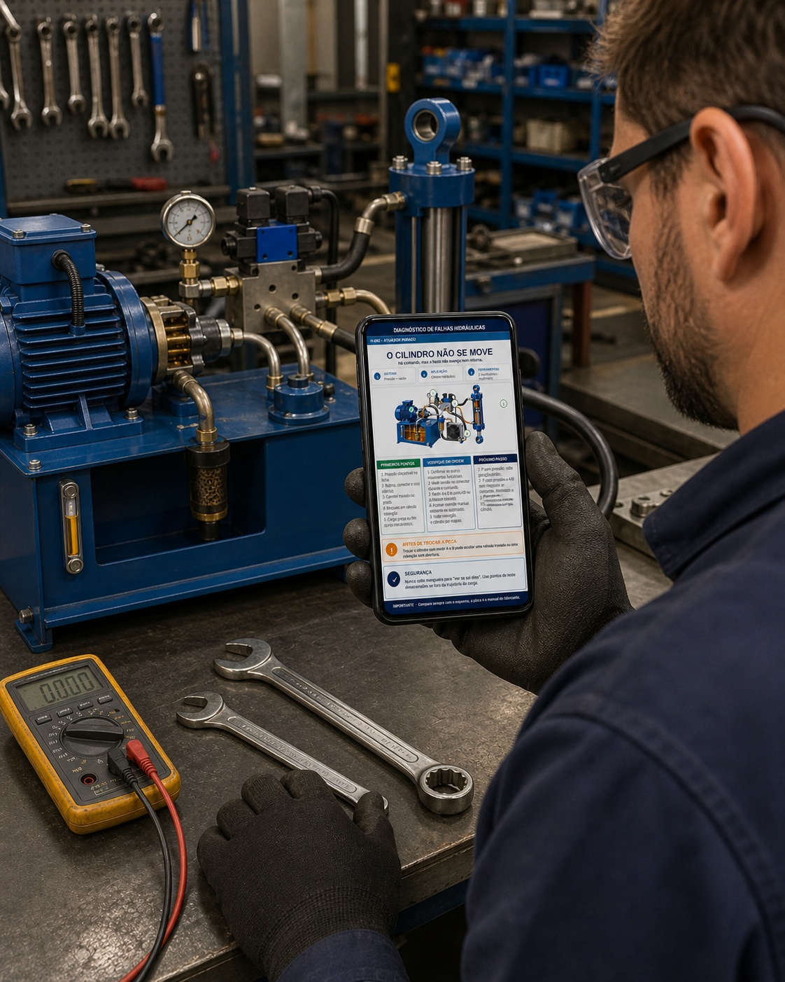 Técnico verificando o cilindro que não se move