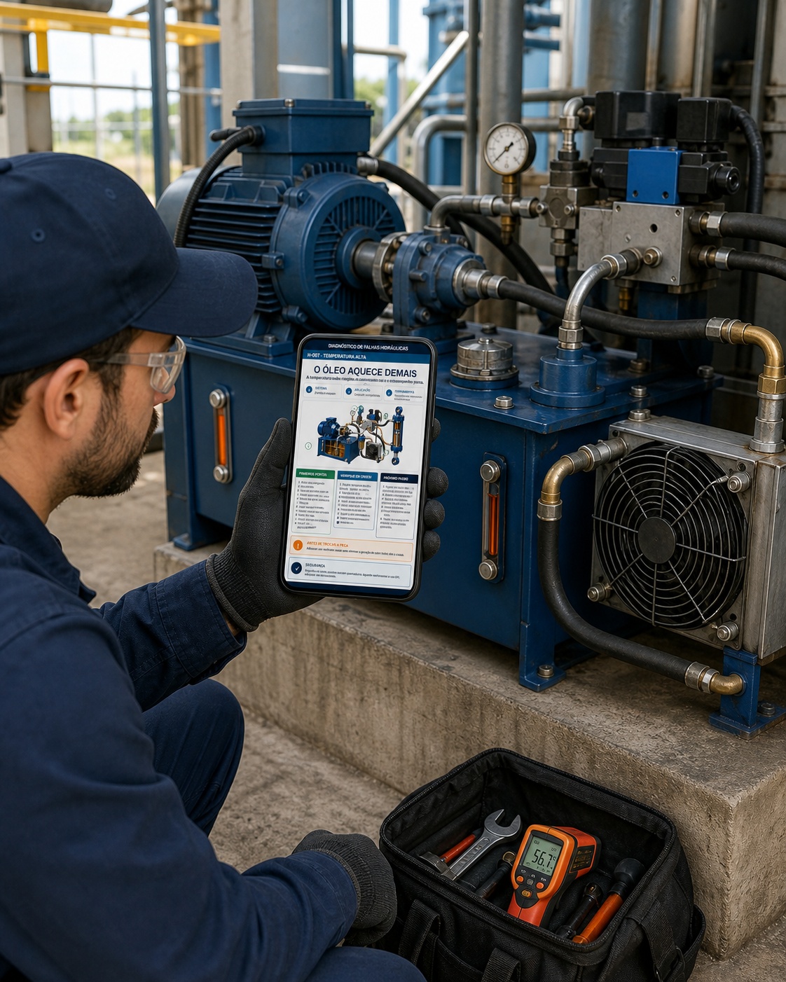 Técnico diagnosticando óleo que aquece demais